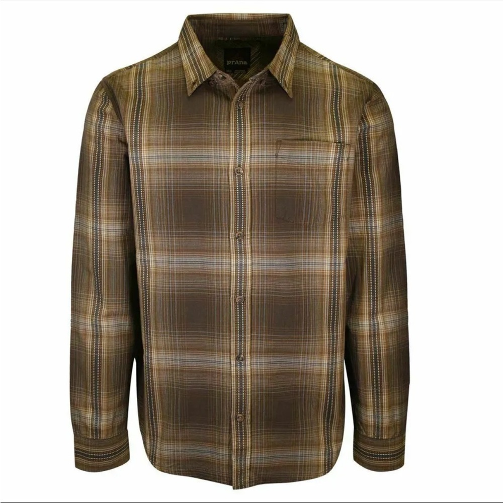 prAna Men's Plaid Shirt Brown Tan Blue Size large EUC